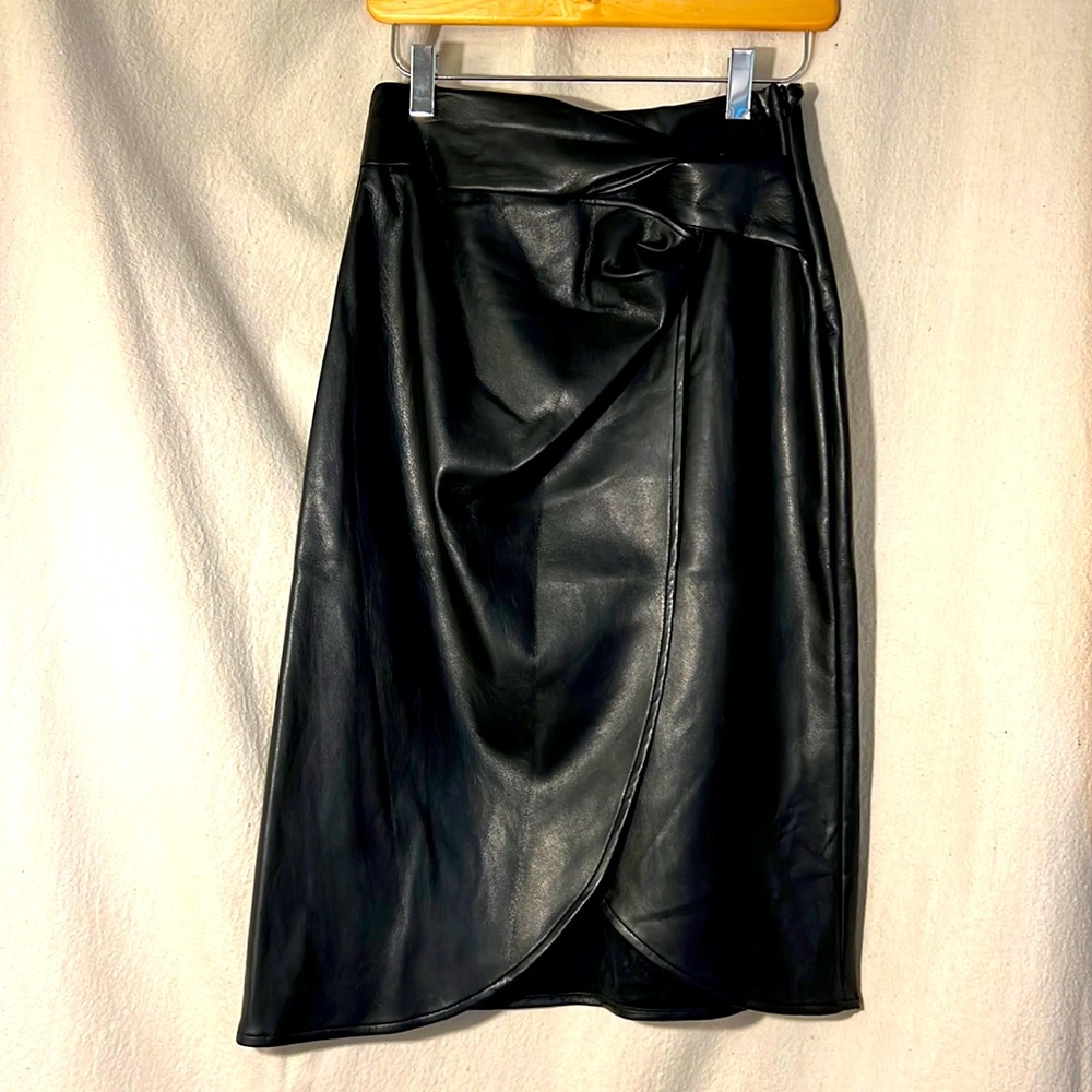 Black vegan leather faux-wrap skirt